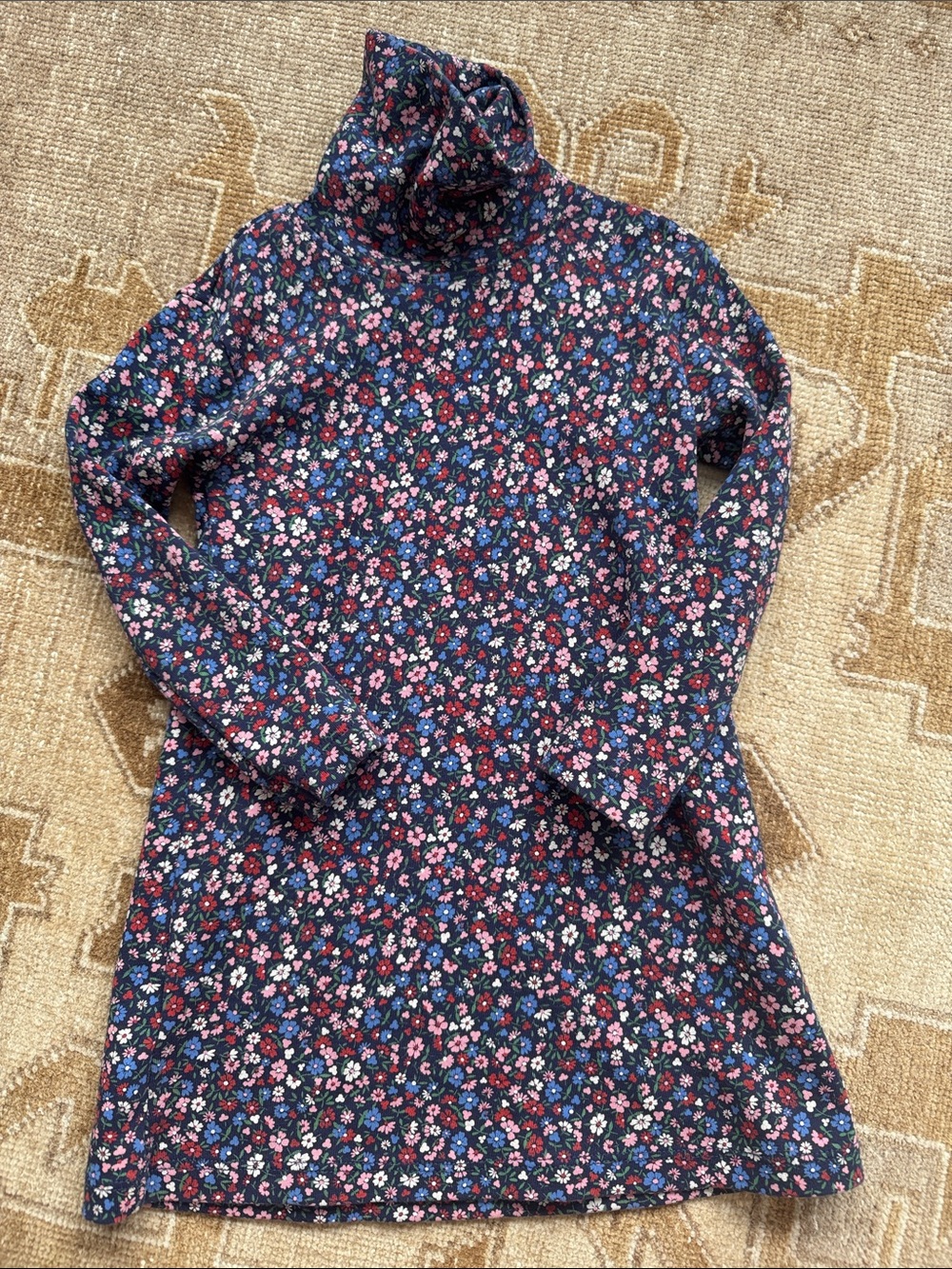 Beaufort Bonnet Turtleneck Long Sleeve Dress - Navy with Pink & White Flowers